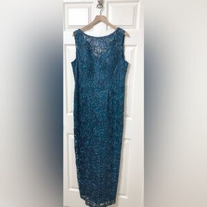 Ignite Evenings Jewel Tone Teal Beaded Illusion Neckline Sheath Formal Gown 16